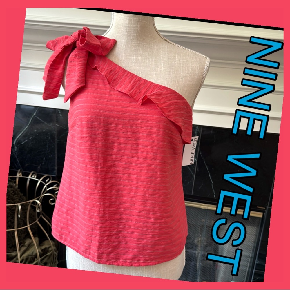 Nine West -Sz XS- Women's Bright Coral One-Shoulder Bow Top - NWT / Brand New